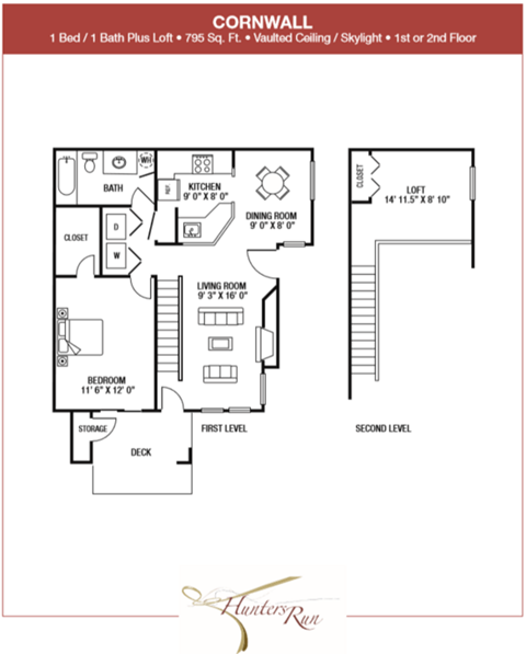 Floor plan for 1 bed, 1 bath, 795 sqft